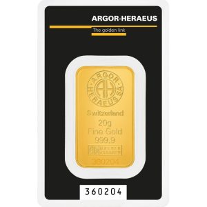 Argor-Heraeus 20g gold bar, Classic design, 999.9 fine gold bullion