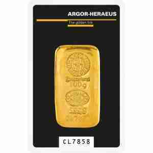 Argor-Heraeus 100g cast gold bar, 999.9 fine gold bullion