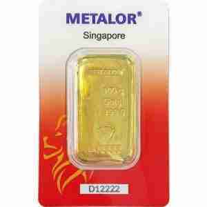 Metalor 100g cast gold bar in Singapore Lion assay card, 999.9 fine gold bullion