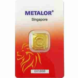 Metalor 1oz cast gold bar in Singapore Lion assay card, 999.9 fine gold bullion