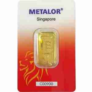 Metalor 50g cast gold bar in Singapore Lion assay card, 999.9 fine gold bullion