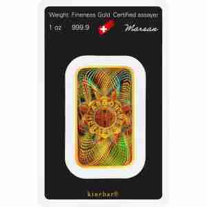 Argor-Heraeus 1oz gold bar in assay card, Kinebar design, 999.9 fine gold bullion for investment