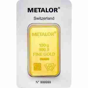 Metalor 100g gold bar, Responsible Refining design, 999.9 fine gold bullion