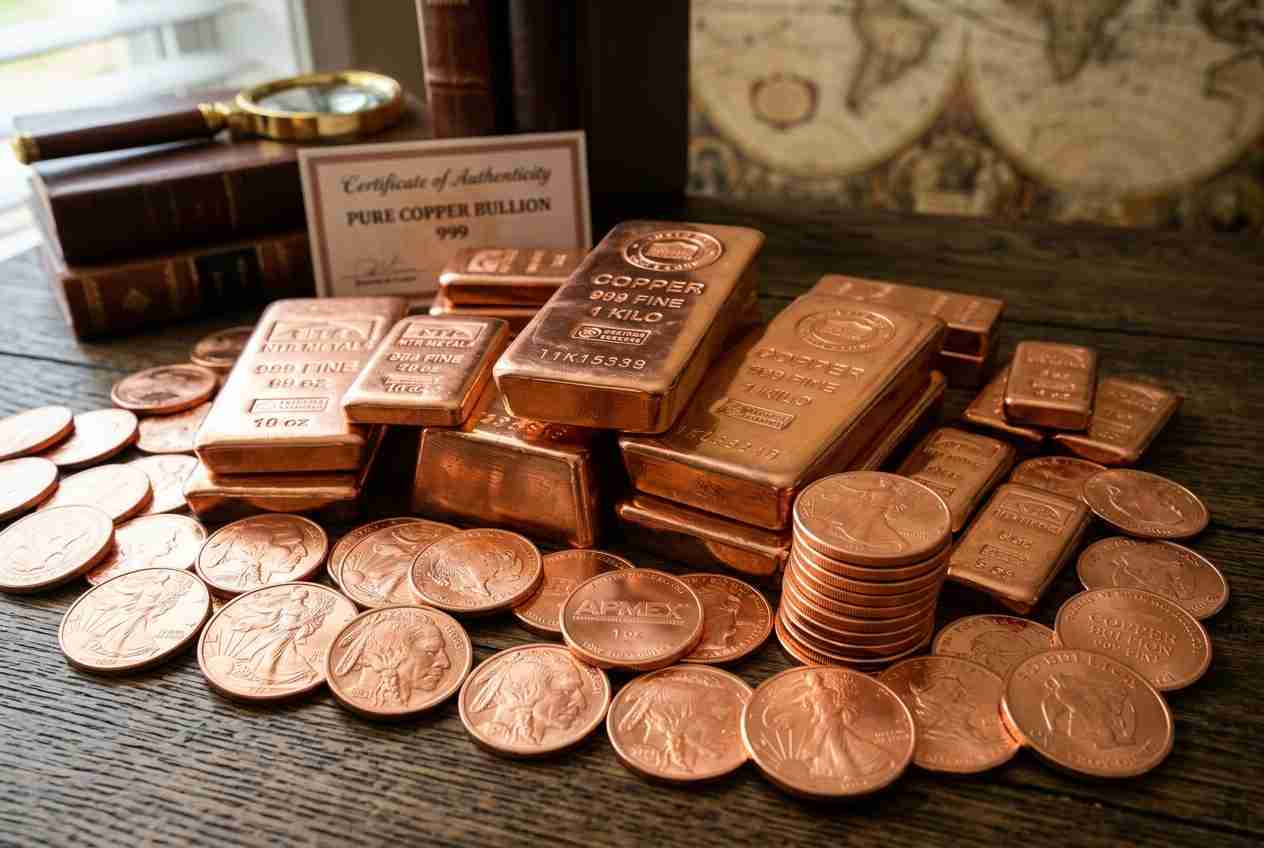Copper bullion bars and coins scattered on a wooden table, with a Certificate of Authenticity visible in the background.