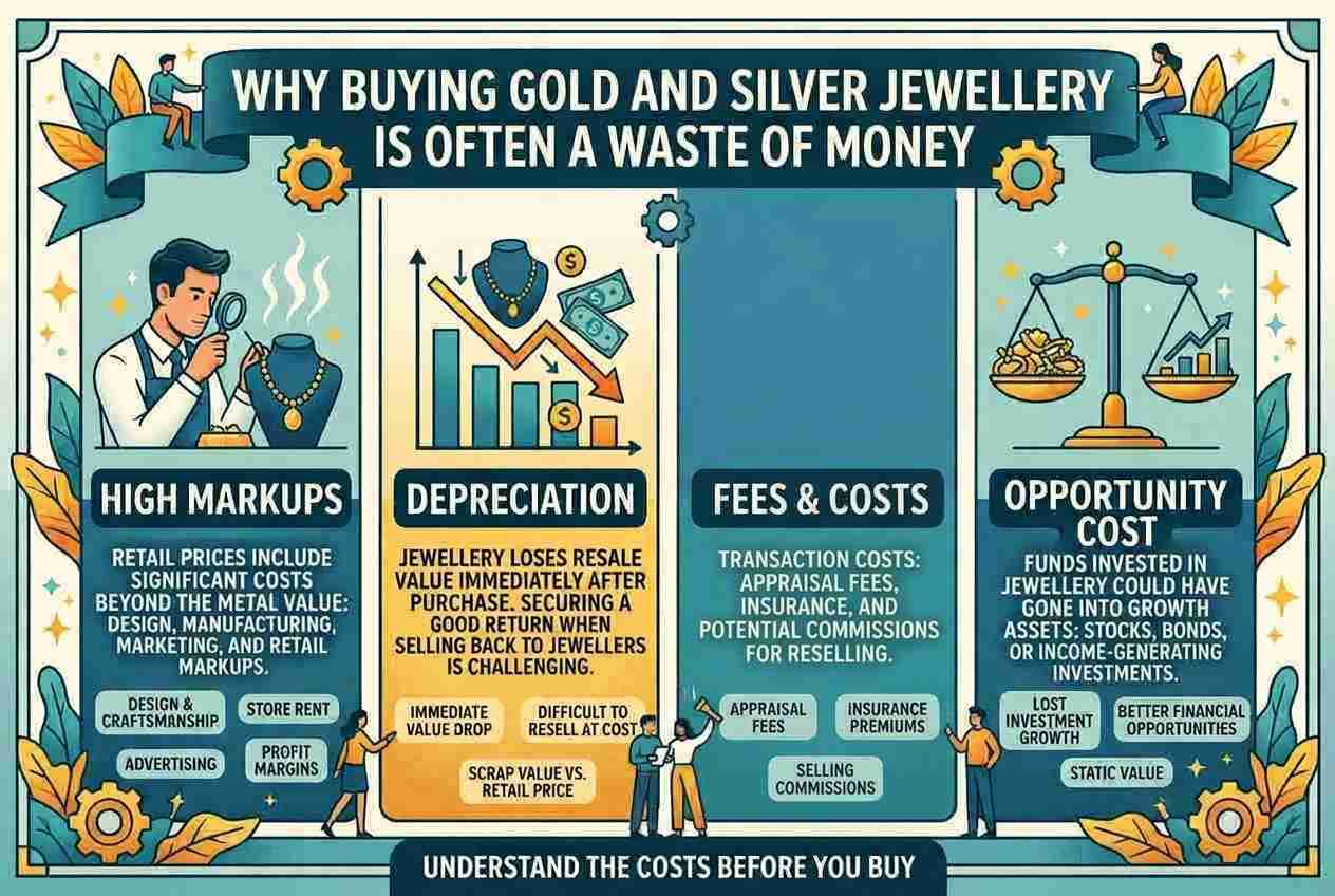 Infographic showing why buying gold and silver jewelry wastes money: high markups, depreciation, fees and costs, and missed investment opportunities.
