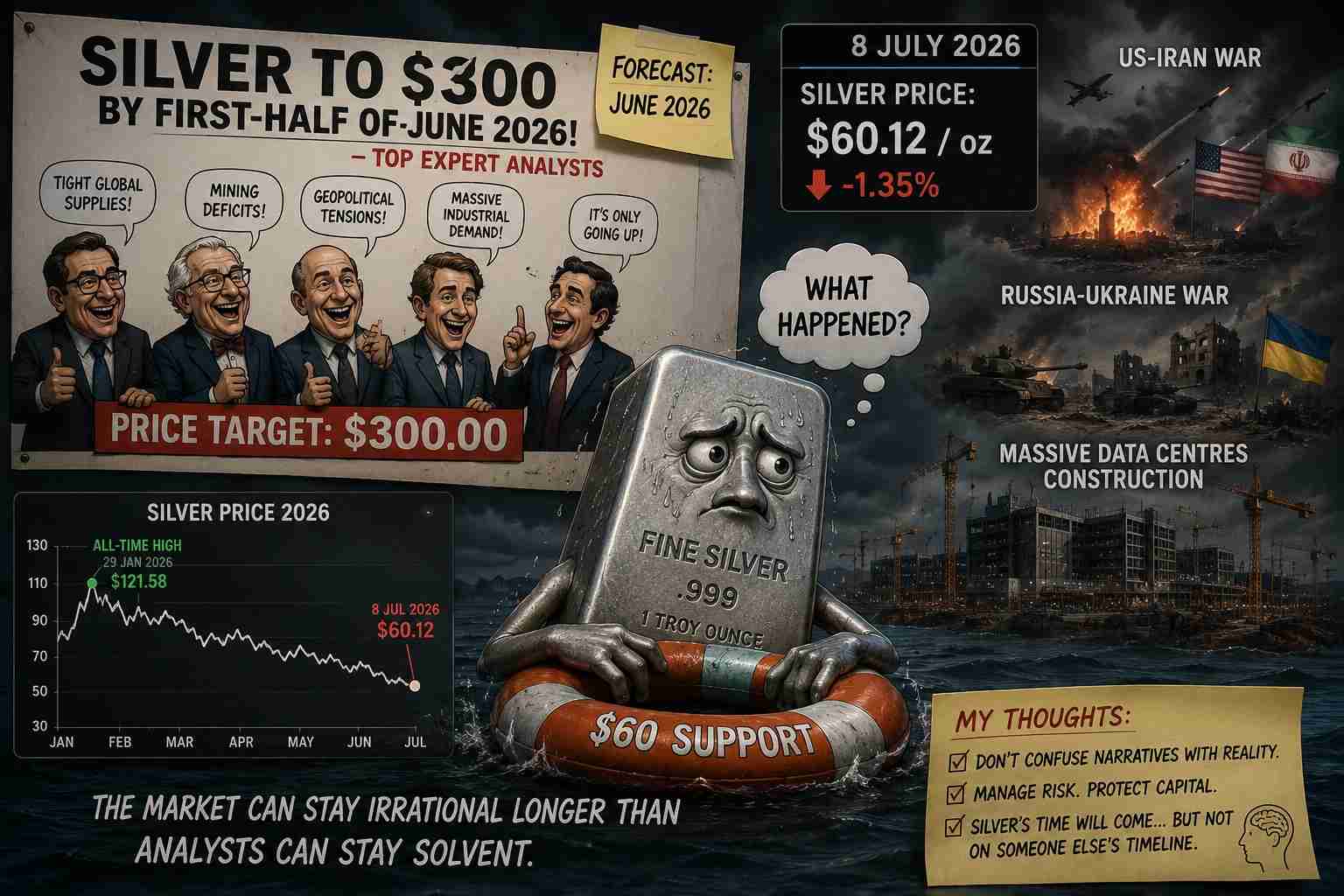 lifebuoy in choppy water, a price chart, and headlines like 'Silver to $300 by mid-2026' and 'Silver price $60.12/oz' with war and construction imagery in the background.