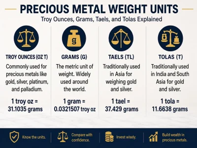 Infographic explaining four precious metal weight units: Troy ounces, grams, taels, and tolas with icons and conversions.