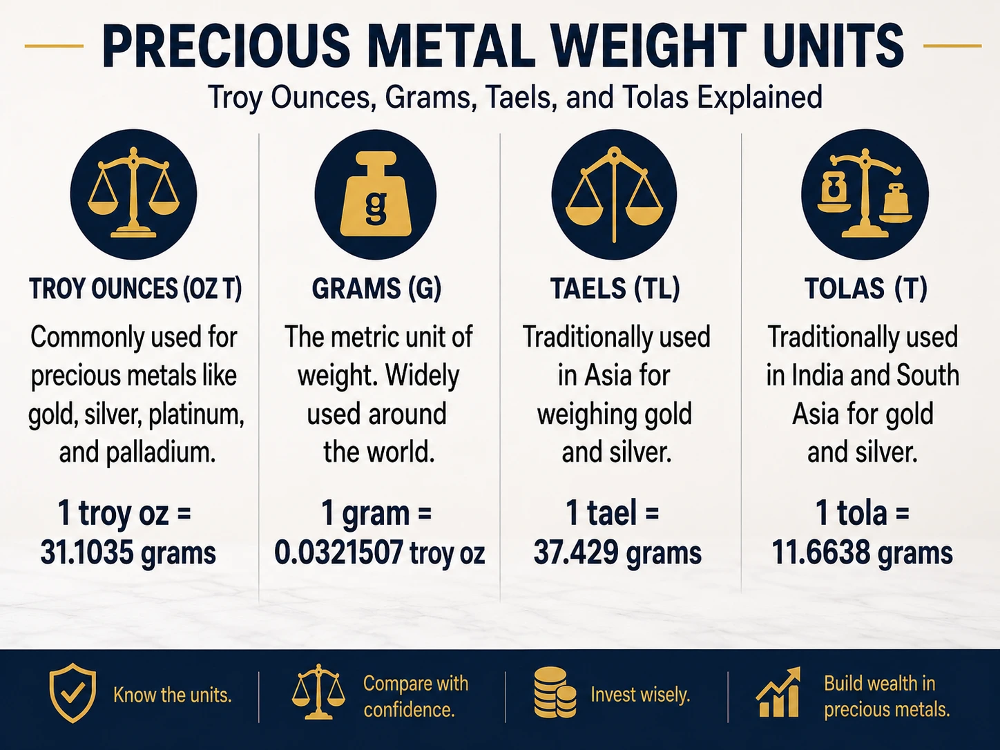 Blog Photo post=28412 | Global City Bullion Infographic explaining four precious metal weight units: Troy ounces, grams, taels, and tolas with icons and conversions.