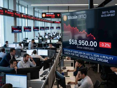 Trading floor with traders at desks and a large Bitcoin price display showing $58,950.00 and a -3.2% change.