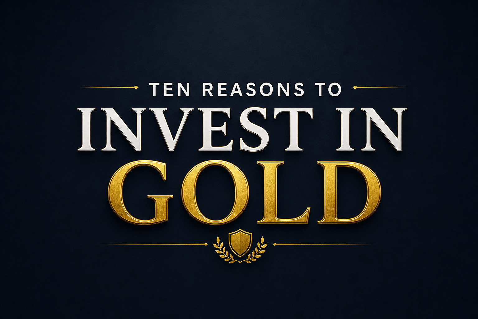 generate an image ten reasons to invest in gold for blog | Global City Bullion Promotional banner reading'Ten reasons to invest in gold' with gold lettering on a dark background.