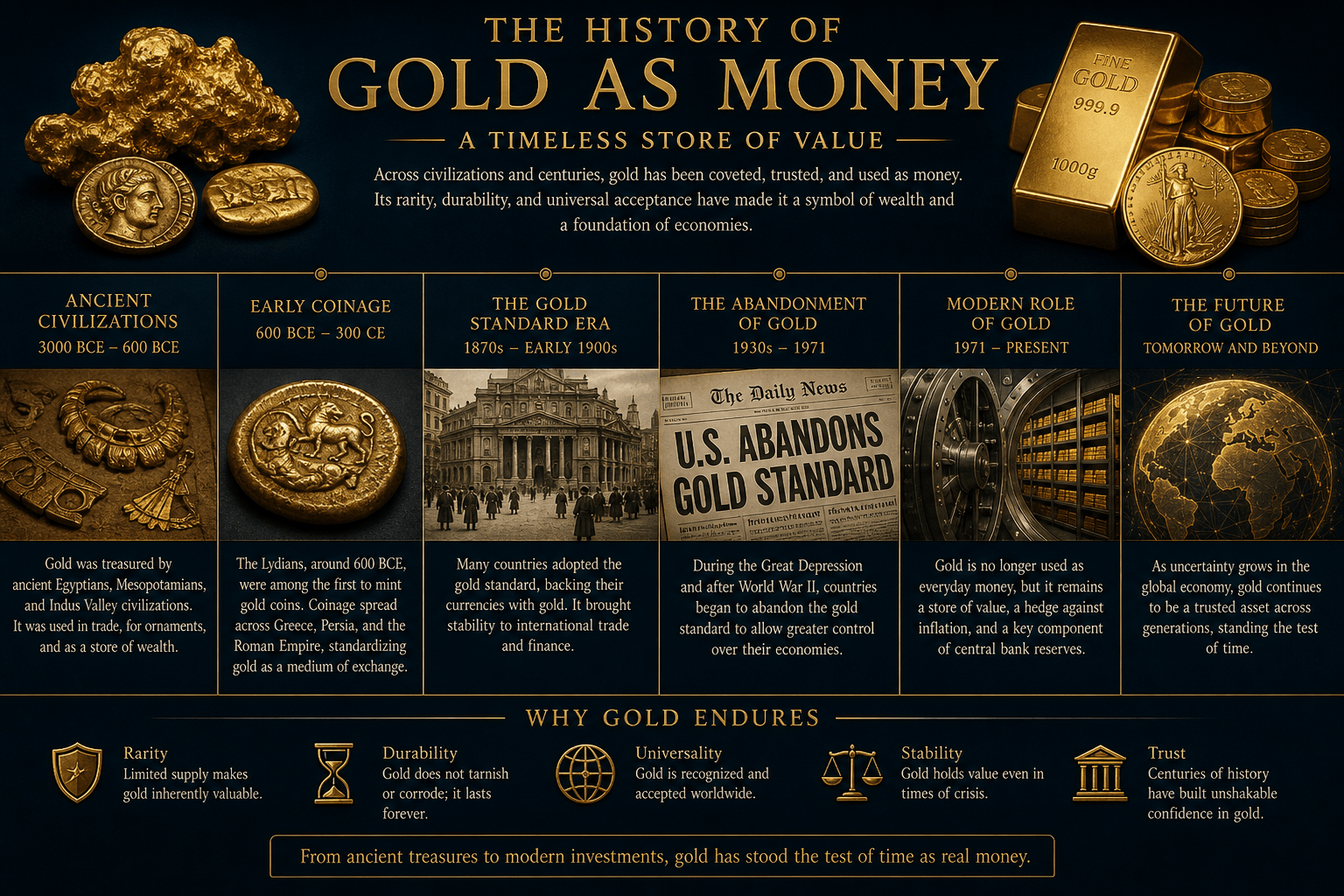 History of Gold as Money | Global City Bullion Infographic titled 'The History of Gold as Money' featuring gold bars and coins on a dark blue background with a multi-panel timeline of ancient civilizations to the future of gold.