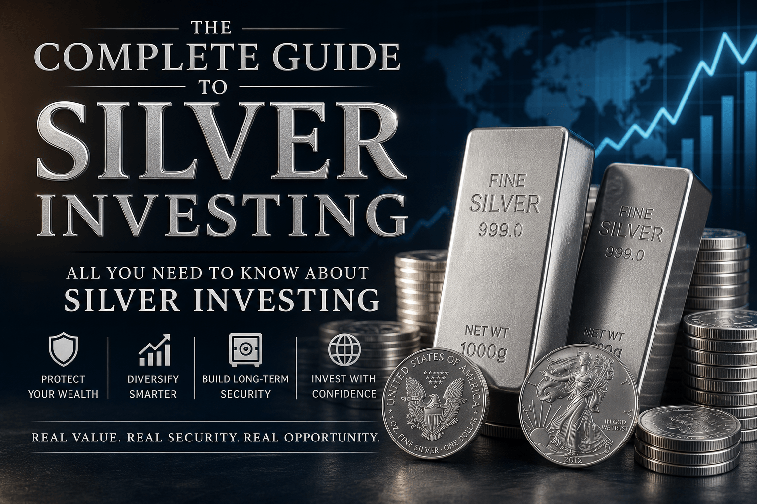 Promotional poster for silver investing: large title 'The Complete Guide to Silver Investing' with silver bars and coins, and icons for protecting wealth, diversifying smarter, security, and confidence.