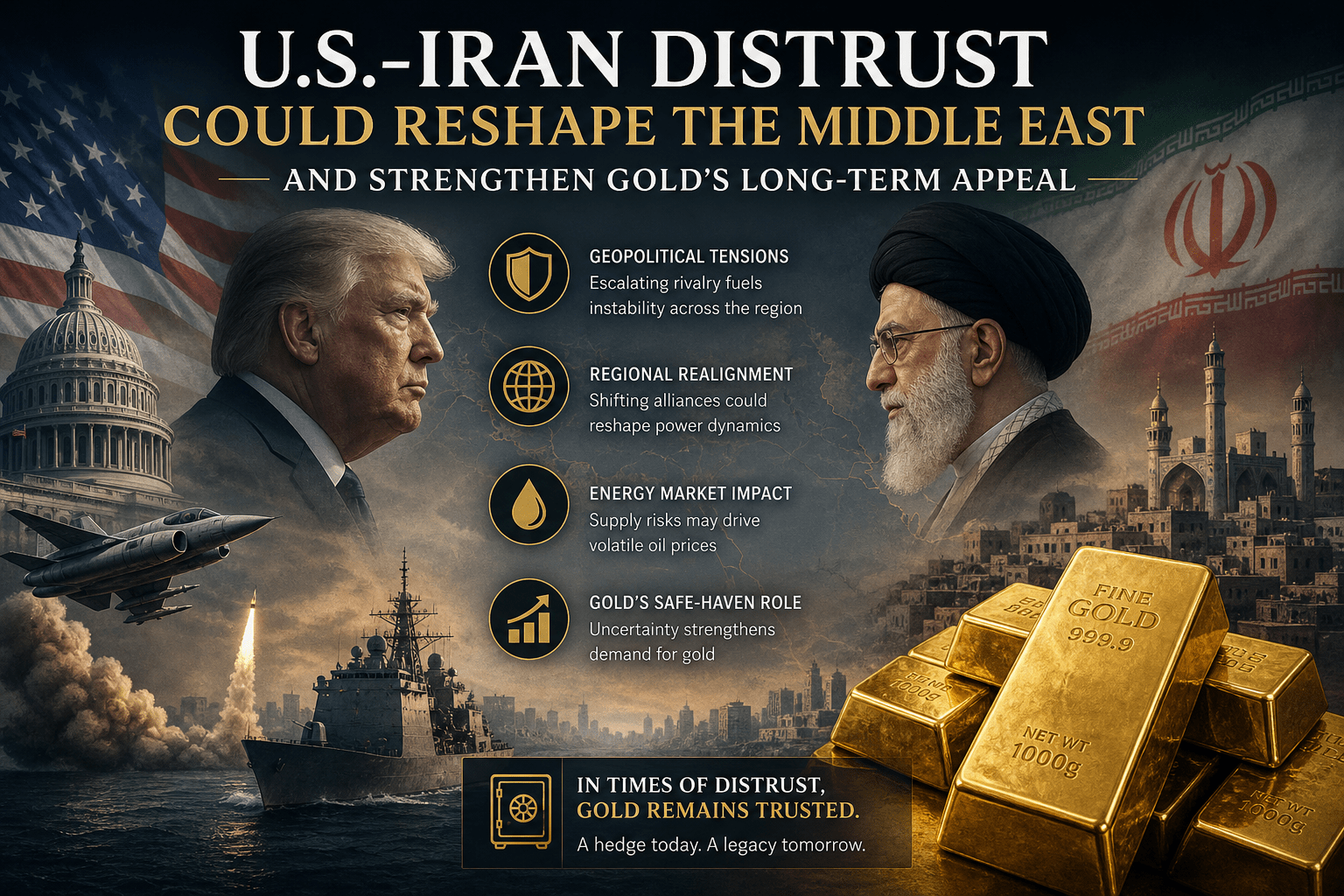 Two leaders facing off with U.S. flag and Iranian flag imagery; infographic lists tensions and gold bars in foreground.