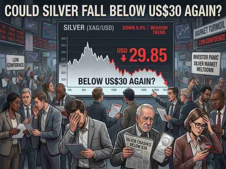 Crowded trading floor with a large screen showing silver price clustering around $29.85 and the message 'Could silver fall below US$30 again?'. Anxious investors read reports and check devices.