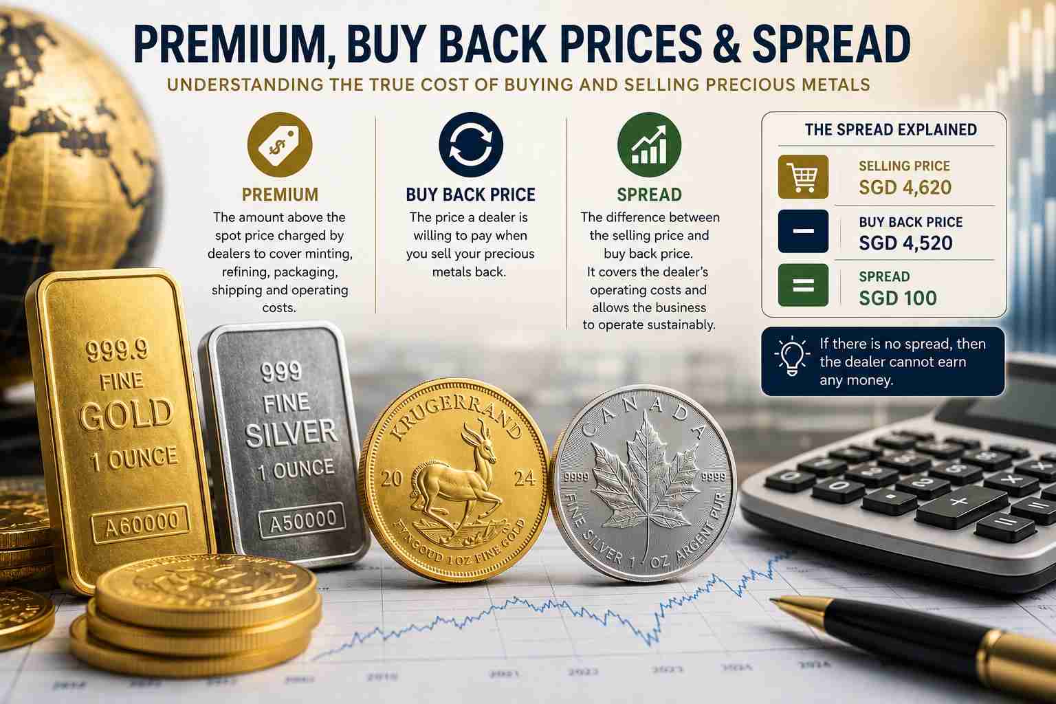 Infographic explaining premium, buy-back price, and spread with gold bars, coins, calculator, and a pencil on financial charts.