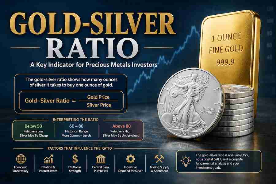 Infographic explaining the gold–silver ratio with a gold bar, silver coins, and a chart backdrop.