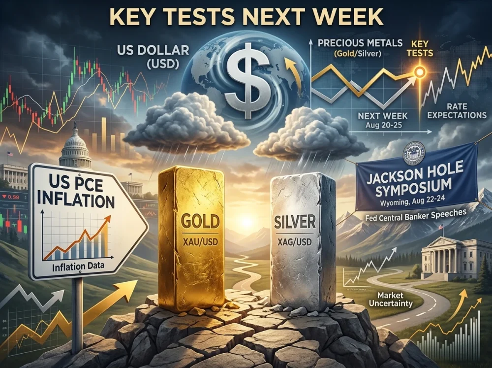 Gold bar (XAU/USD) and silver bar (XAG/USD) rise on a rocky pedestal amid market charts, inflation sign, and a dollar globe in the background.
