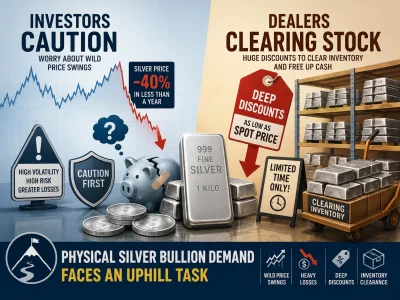 Infographic showing silver market risk: charts, bullion bars, coins, and signs about volatility and stock clearance.