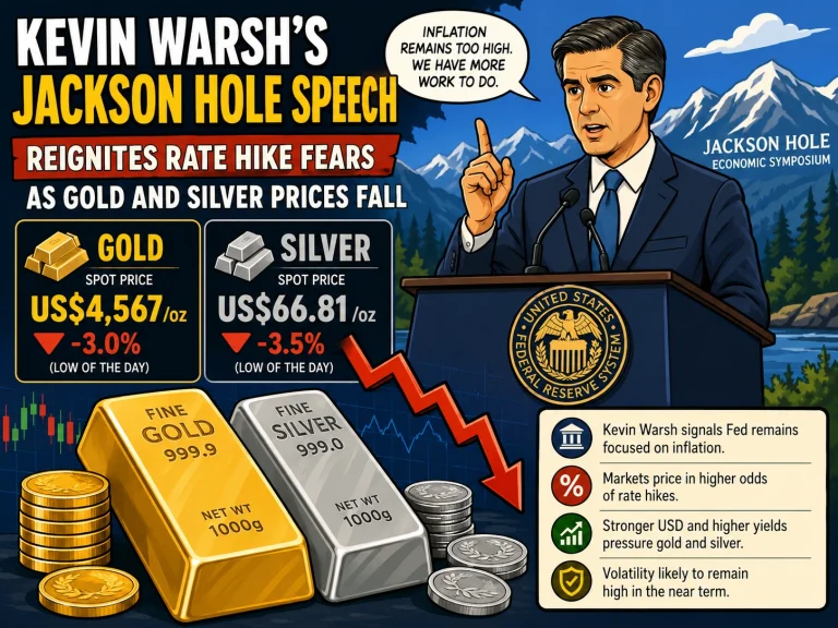 Comic-style infographic about inflation and rate hikes with a speaker at a podium and gold/silver prices.