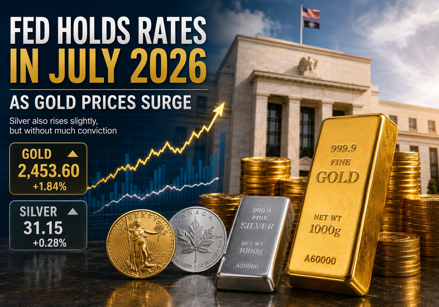 News graphic: 'Fed holds rates in July 2026 as gold prices surge' with gold bars and stacked coins in the foreground and a financial chart in the background.