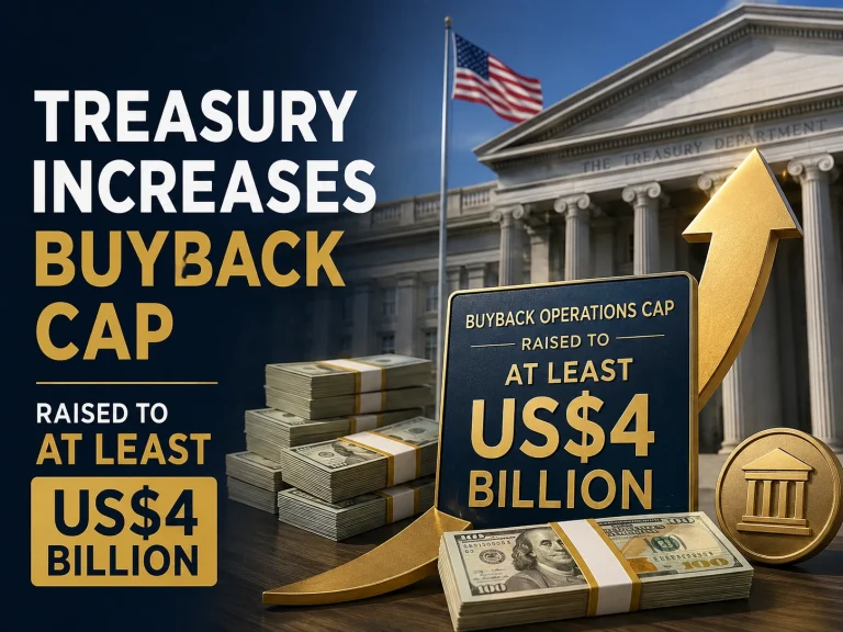 Graphic headline: 'Treasury Increases Buyback Cap' with cash stacks and a rising gold arrow in front of a government building, signaling a US$4 billion increase.