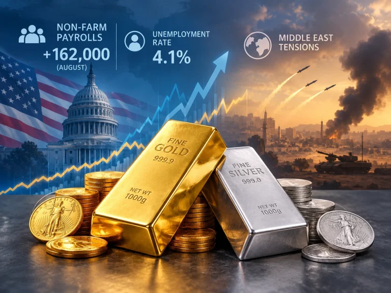 Gold and silver bullion with coins in the foreground, set against the US Capitol, flags, and a rising financial chart in the background.