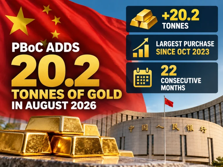 PBoC adds 20.2 tonnes of gold in August 2026 with gold bars and Chinese flag background.