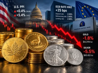 Financial montage: gold and silver coins with a downward red arrow, U.S. Capitol, ECB rates board, and European flag conveying a market decline.