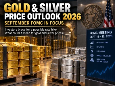 Gold and silver bars stacked in a bank vault with a bold banner reading 'Gold & Silver Price Outlook 2026' and a screen listing FOMC meeting details.