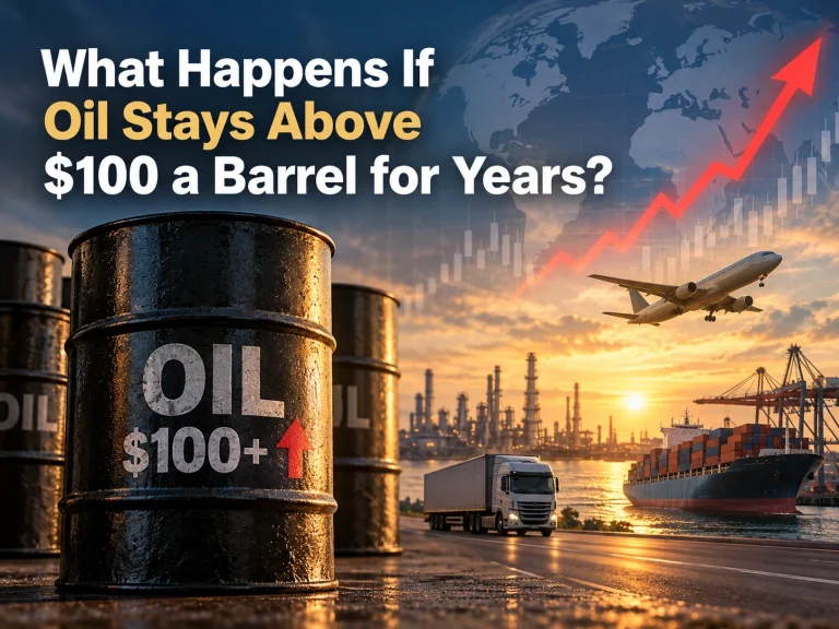 Oil barrels at a port with a rising price chart and ships, truck, and plane in the background; headline asks if oil stays above $100 a barrel for years.