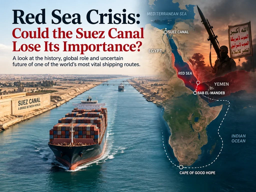 Post Image 28699 | Global City Bullion Container ship navigates the Suez Canal beside a map highlighting the Red Sea and Cape of Good Hope, illustrating the canal's importance.