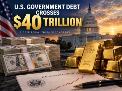 Graphic showing U.S. debt at $40 trillion with stacks of cash, gold bars, Capitol dome in the background.