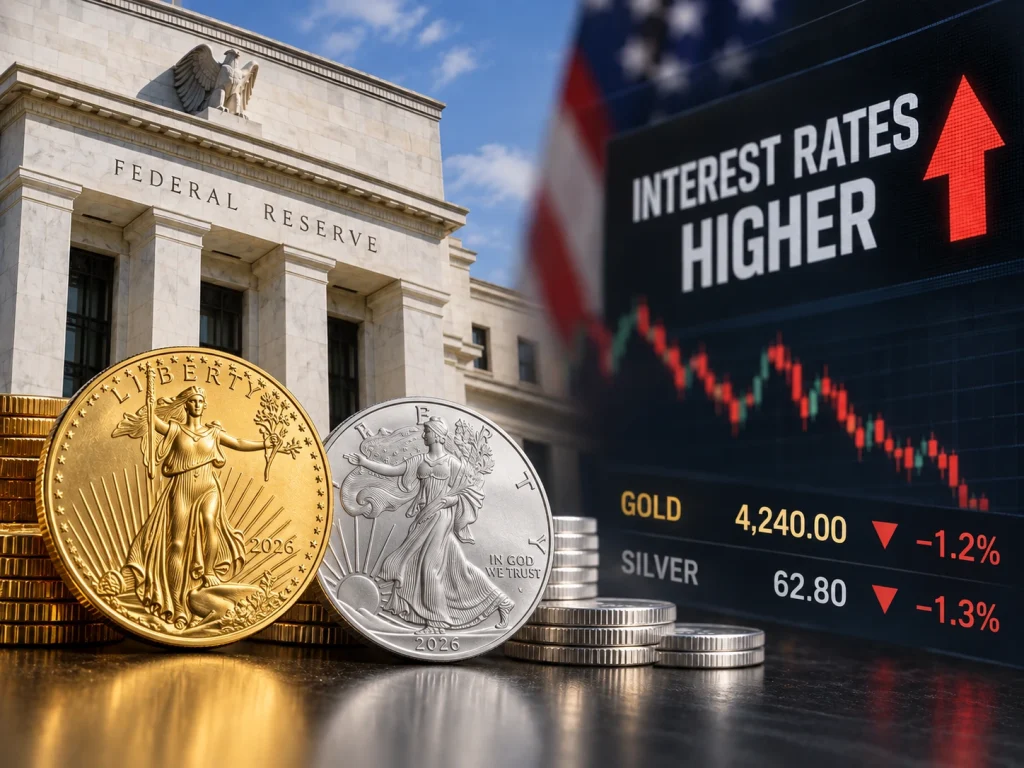 Post Image 28736 | Global City Bullion Gold and silver coins in front of a Federal Reserve building, with a financial display reading 'INTEREST RATES HIGHER' and an up arrow in the background.