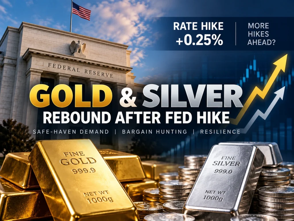 Federal Reserve building behind gold and silver bullion with a headline about rate hikes and a bullion market rebound text overlay on the image.