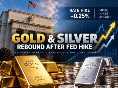 Federal Reserve building behind gold and silver bullion with a headline about rate hikes and a bullion market rebound text overlay on the image.