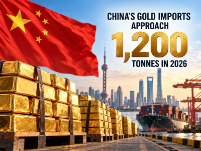 Port scene with stacked gold bars and a Chinese flag, skyline in the background; text: '1,200 tonnes in 2026' (China's Gold Imports Approach).