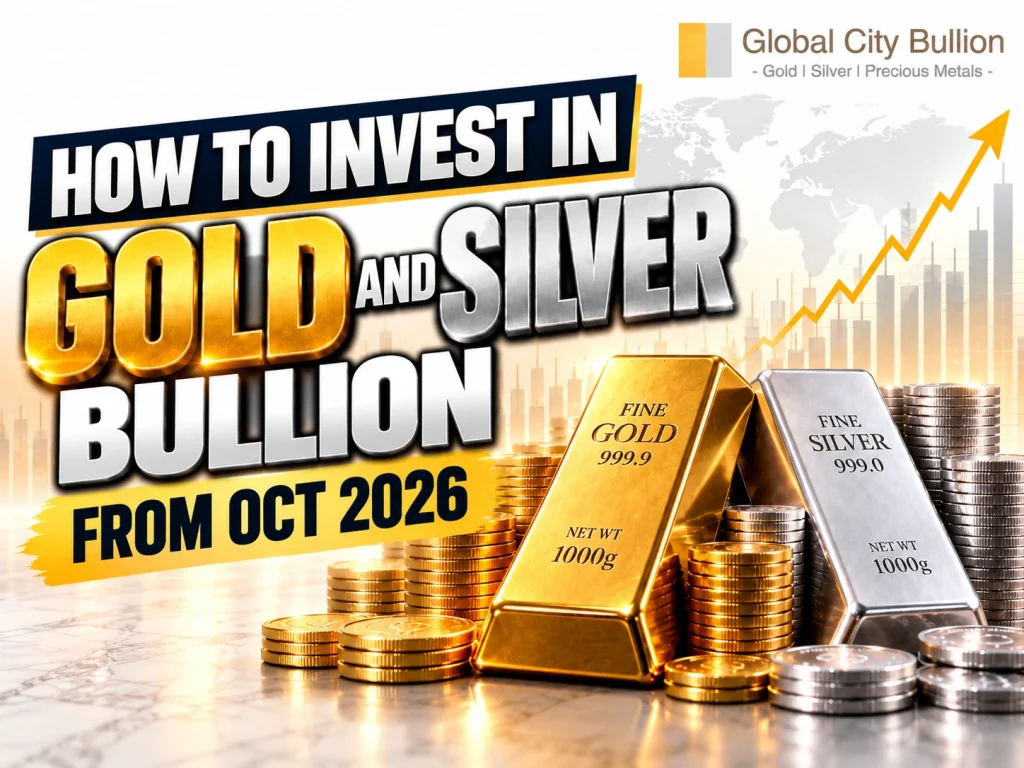 Post Image 28766a | Global City Bullion Promotional banner about investing in gold and silver bullion, showing gold bars, silver bars, and stacked coins in foreground.