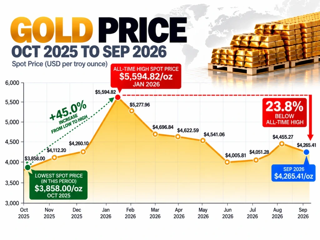 Post Image 28766b | Global City Bullion Gold price chart for Oct 2025โSep 2026, showing peak ,594.82/oz in Jan 2026 and Sep 2026 price ,265.41/oz