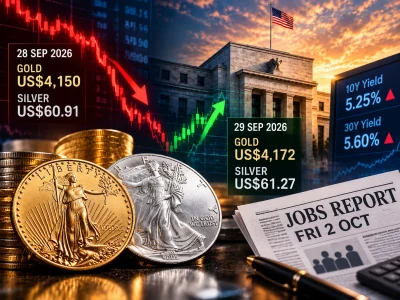 Coins in the foreground with stock charts, price blocks, a rising green arrow, and a Jobs Report newspaper in the background on a financial montage.
