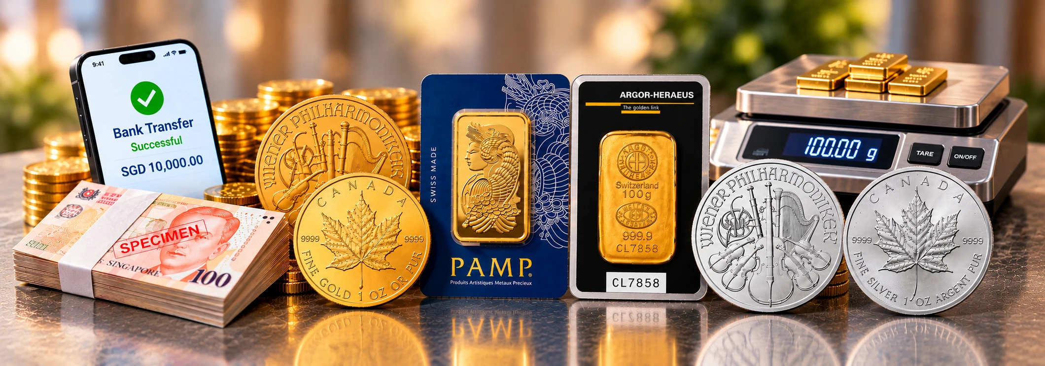 Assorted gold bars, coins, banknotes, and a smartphone displaying a successful bank transfer.
