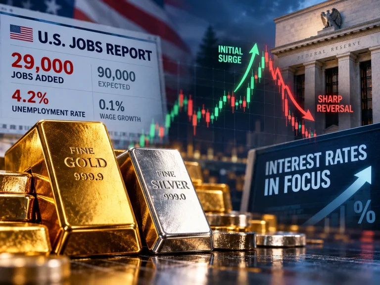 Gold and silver bars in the foreground with a U.S. Jobs Report and a fluctuating stock chart in the background.
