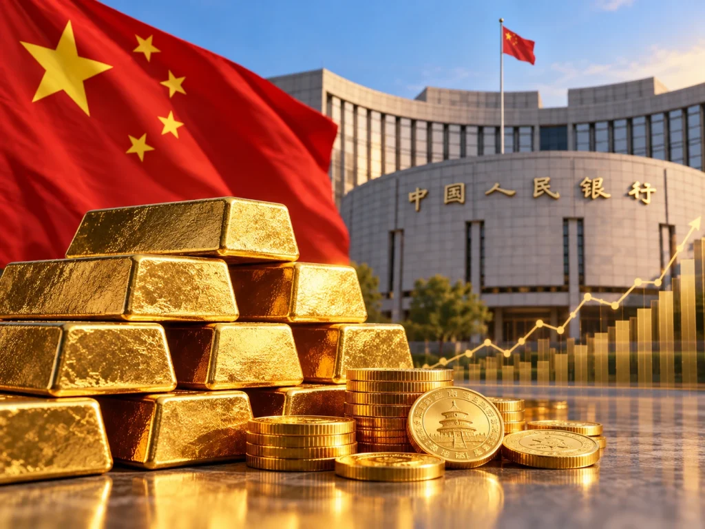 Post Image 28858 | Global City Bullion Stack of gold bars and coins in the foreground with the Chinese flag and a modern bank building in the background, signaling wealth and finance.",