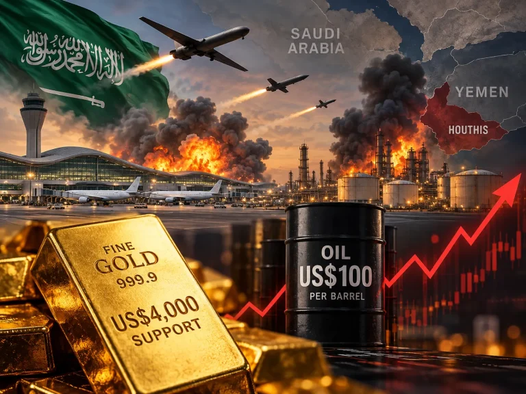 Oil barrels and gold bars with a rising stock graph; explosions and planes above an industrial refinery, with Saudi flag and map highlight.